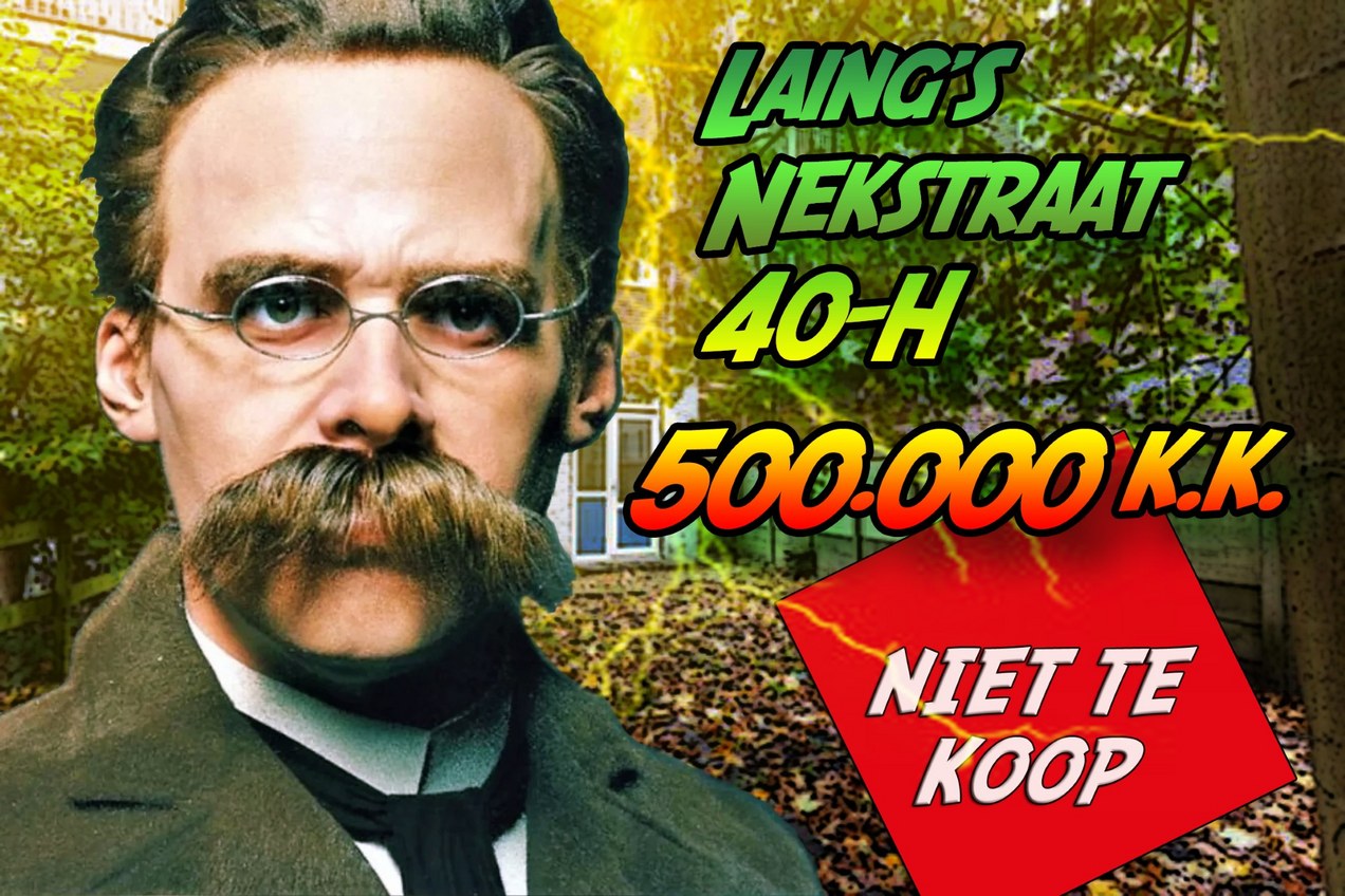 Man van vroeger met bril met ovalen glazen en enorme walrus snor kijkt vorsend in de kamer. Op achergrond gevel pand dat Rochdale wil verkopen. Tekst meldt locatie en vraag prijs en logo #NietTeKoop