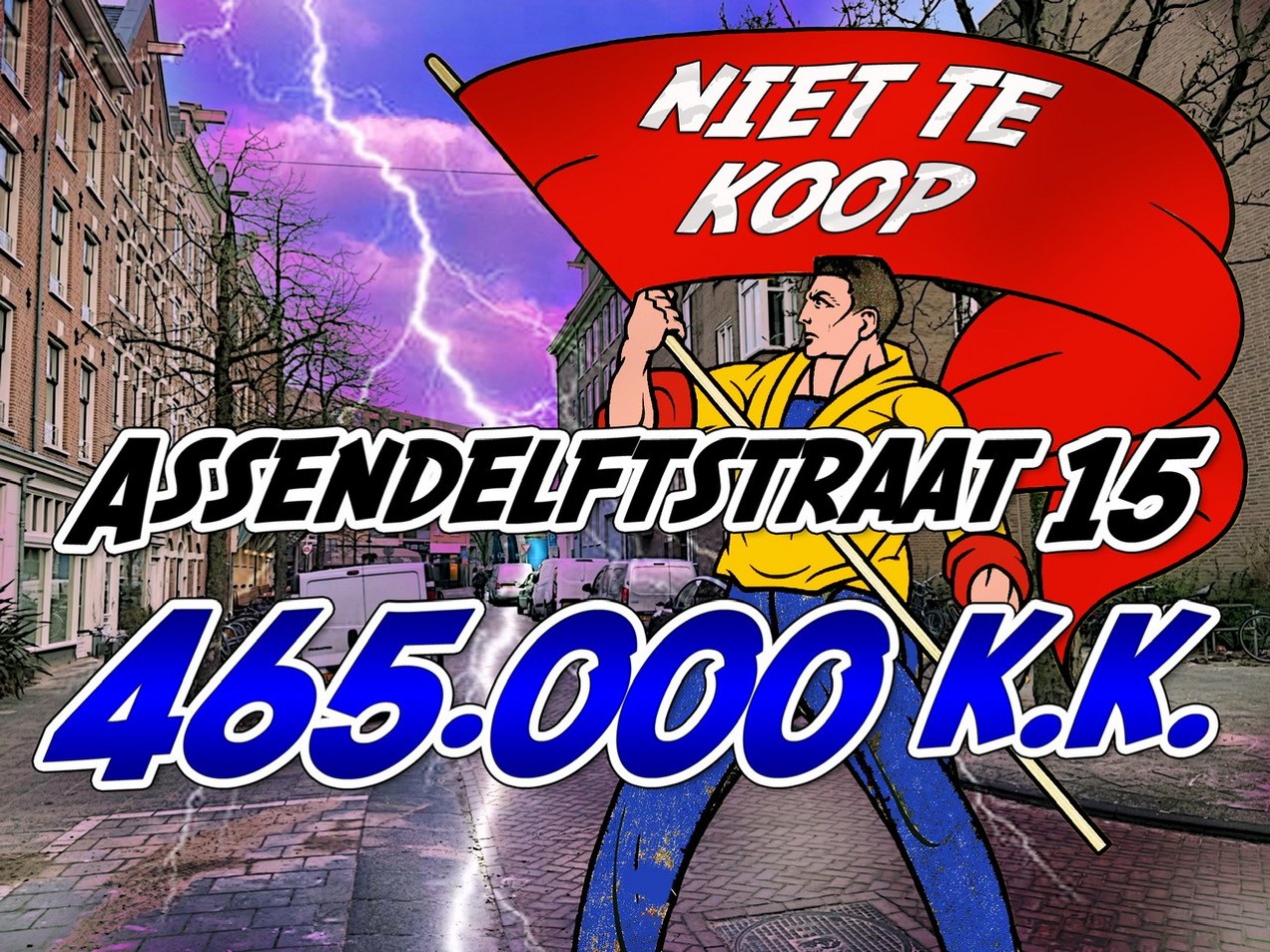 Getekend mansfiguur zwaaiend met een lange rode Niet Te Koop vlag. Op de achtergrond de straat en een bliksemschicht. Ook te zien in de afbeelding is het adres van het object en de vraagprijs. Affiche Kimbel Bouwman