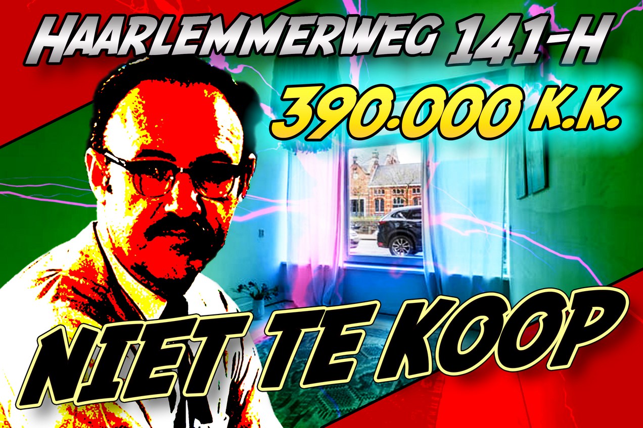 Gene Hackman op Niet Te Koop affiche. Door het raam is een dikke auto en een gevel te zien. Tekst: Haarlemmerweg 141-H 390.000 k.k. NIET TE KOOP Onderschrift: Over de doodsoorzaak van de bewoner, zijn vrouw en een van hun honden is nog niets bekend, maar de politie gaat niet uit van een misdrijf. Affiche Kimbel Bouwman