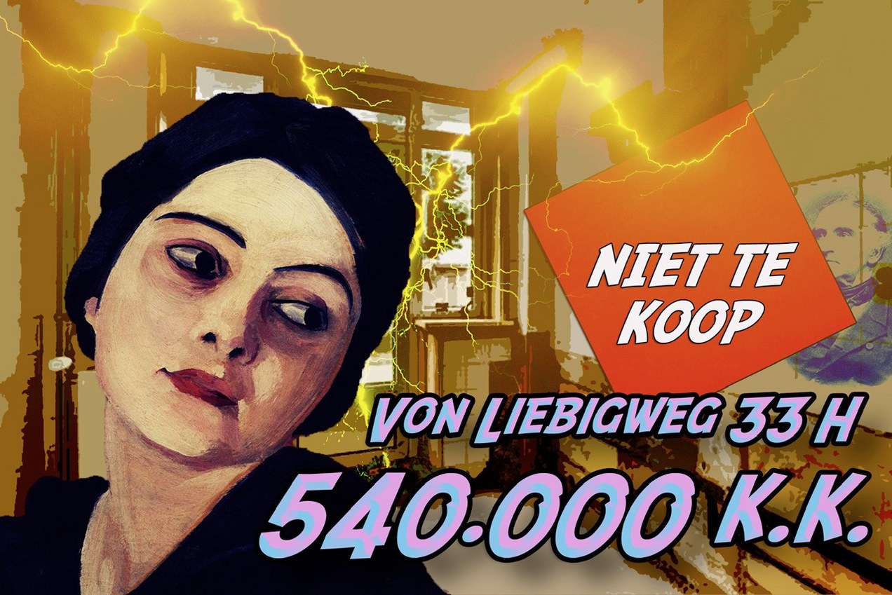Affiche Niet Te Koop actie 212 Onderschrift: Freiherr von Liebig vond in 1831 chloroform en een jaar later chloraal uit, welk middel respectievelijk een bedwelmende en kalmerende uitwerking heeft. Affiche Kimbel Bouwman
