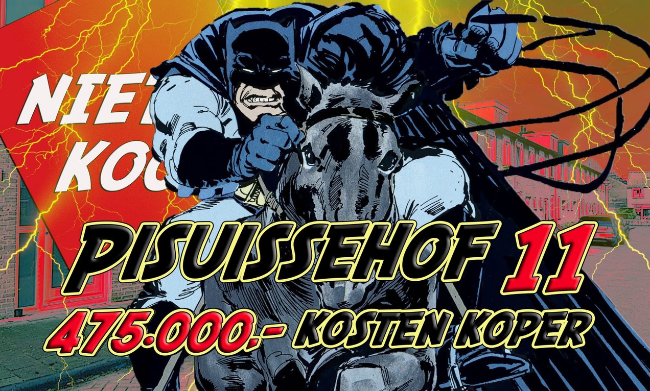 Batman komt te paard in actie ter verdediging van weer een te verpatsen sociale huurwoning. Onderschrift Wat ik weet stuur ik naar de andere besmette buurten en zwerf een dag en een nacht door de straten van Osdorp om de vloek op te heffen. Affiche Kimbel Bouwman