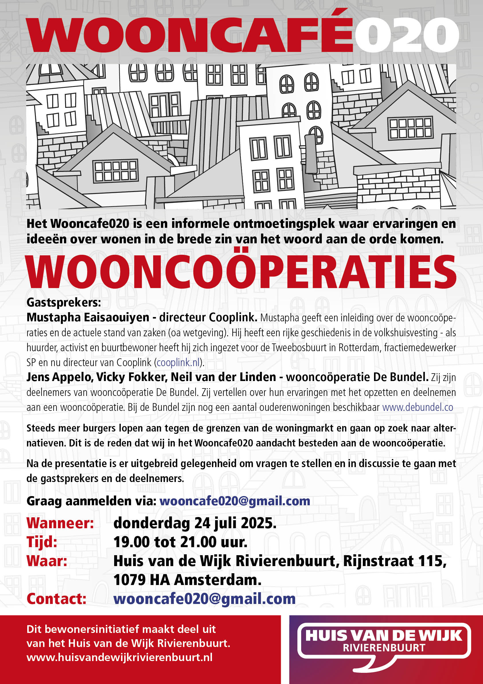 Flyer Wooncafe020 donderdag 24 juli. Thema: Wooncoöperaties