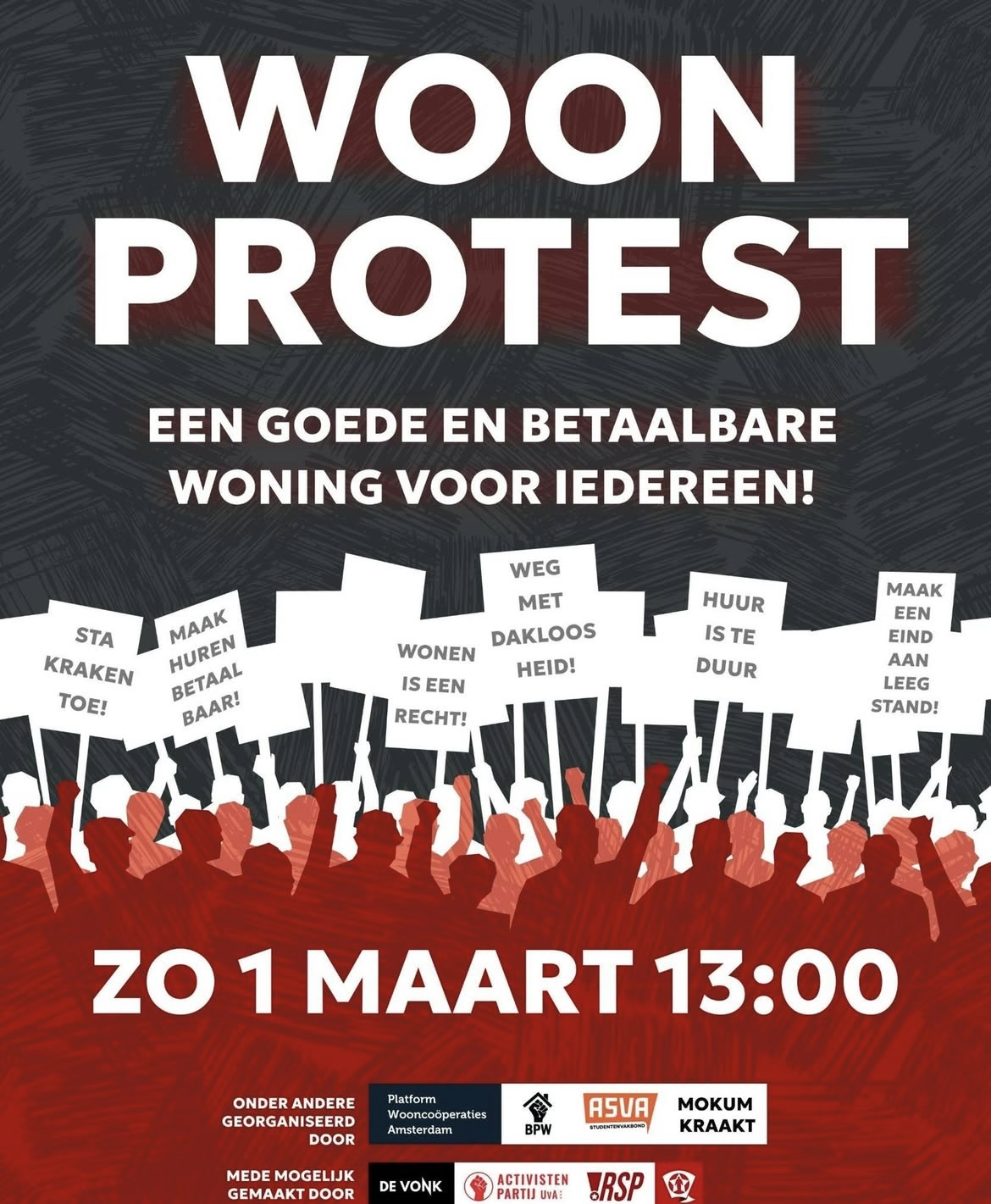 Woonprotest affiche 1 Maart 2026 Een goede en betaalbare woning voor iedereen