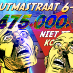 De Lutmastraat is donker en somber. De stilte is zwaar, beklemmend, bijna ondraaglijk. En het wachten... het wachten lijkt eindeloos. Maar plotseling schuiven de muffe gordijnen open en verschijnt er een sombere, slinkse schim achter het raam van de leegstaande 6-A. Daar verschuilt zich de Liga der Ladelichters. De Bond van Bedotters. De Unie der Uitknijpers. De Gilde der Galgenbrok. Het Pact der Patjakkers. Het is De Alliantie van Afzetters! De Hondse Hel voor Huurders!! Affiche Kimbel Bouwman