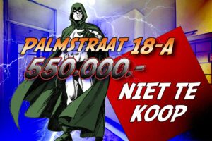 Affiche Niet Te Koop flitsactie 242 - Toen Ymere-huurder Jim Corrigan op weg naar zijn verlovingsfeest door schurken in een ton met cement werd gestopt en het IJ in werd gekieperd, kwam hij even later terug als Aztar, De Wrekende Toorn van de Almachtige. Een van zijn belagers veranderde in een skelet toen die hem aanraakte. Affiche Kimbel Bouwman